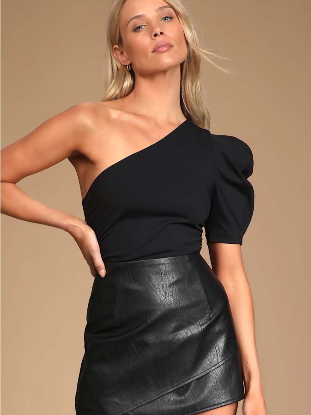 Free people Black One-Shoulder Puff Sleeve bodysuit